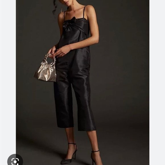 NWT Anthropologie Hutch Bow Front Jumpsuit Black Satin Tie Strappy - Picture 2 of 4
